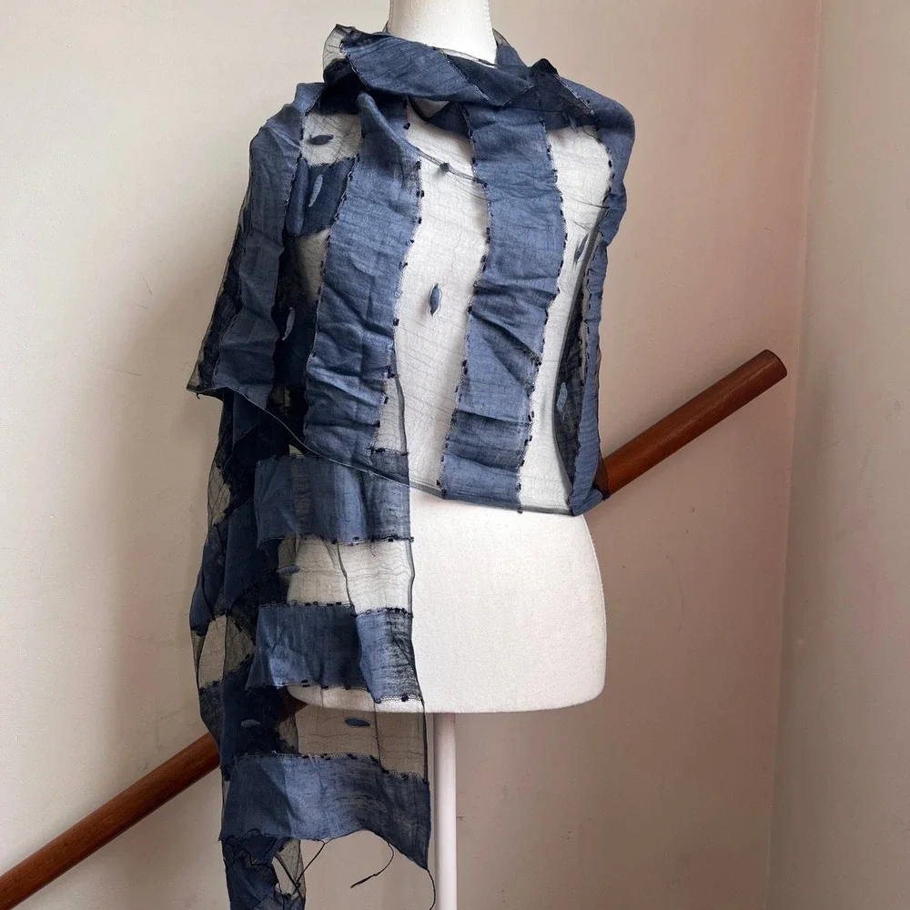 Silk Boiled Wool Sheer‎ Scarf Blue Textured Lightweight Summer Wrap Shawl Artsy